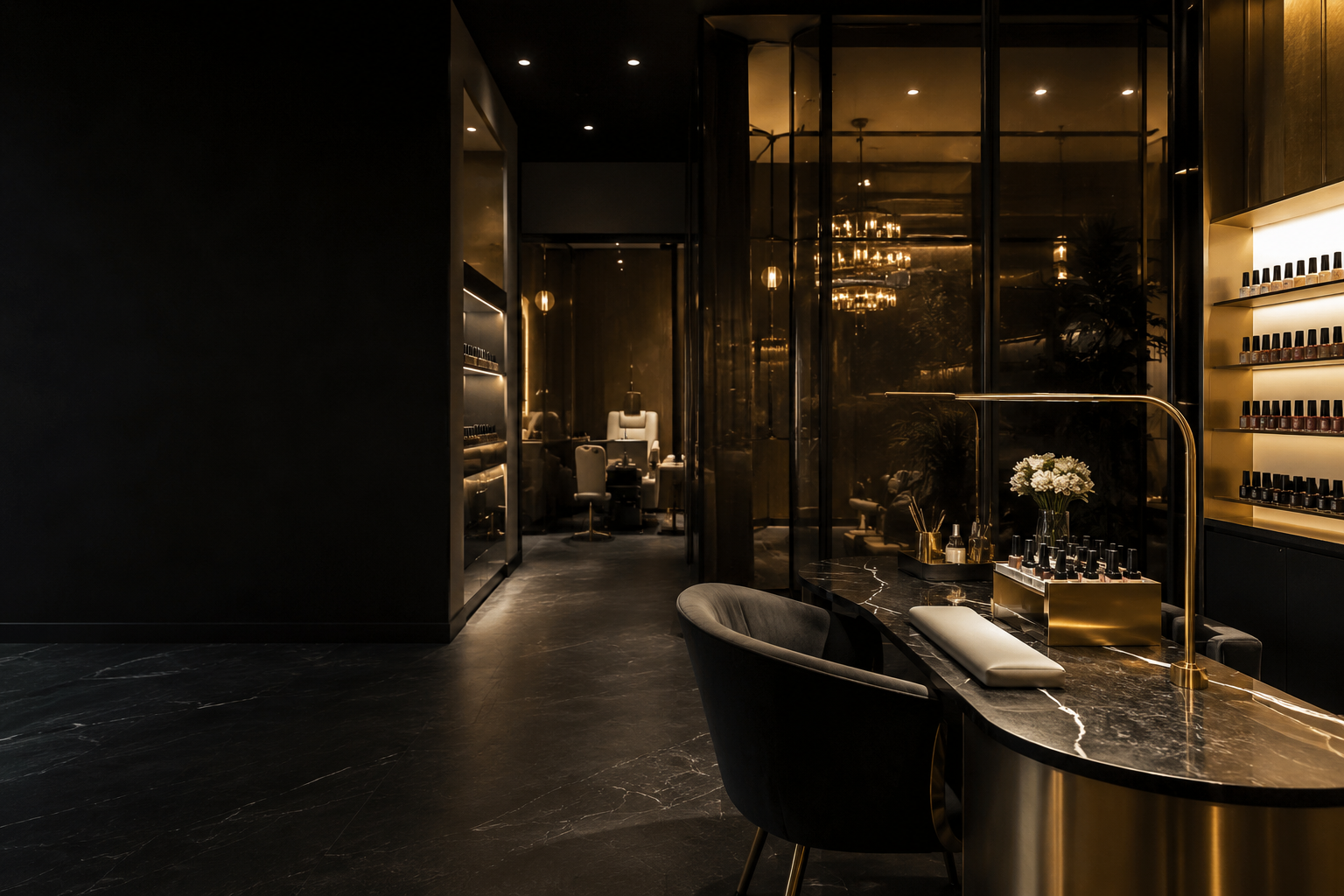 Elegant black and gold beauty salon interior